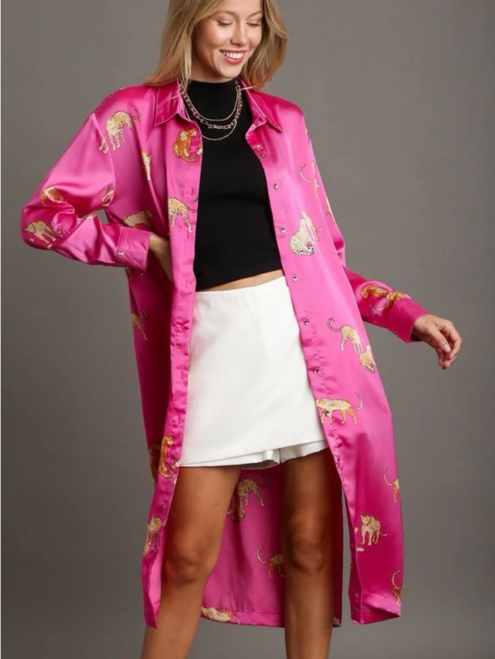 Umgee Hot Pink Satin Leopard Shirt Dress Size 1XL NWT - Picture 5 of 7